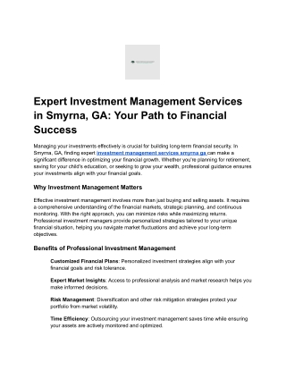 Expert Investment Management Services in Smyrna, GA – Tailored Solutions for You