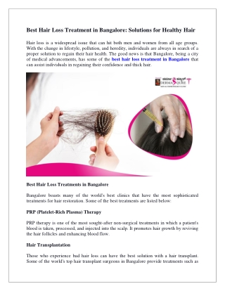 Best Hair Loss Treatment in Bangalore Solutions for Healthy Hair