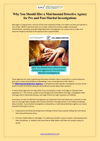 Why You Should Hire a Matrimonial Detective Agency for Pre and Post-Marital Inve