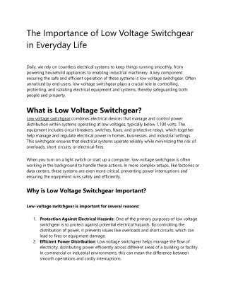 The Importance of Low Voltage Switchgear in Everyday Life