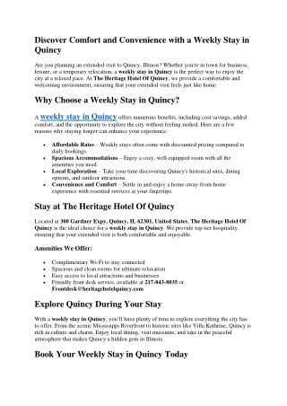 Discover Comfort and Convenience with a Weekly Stay in Quincy