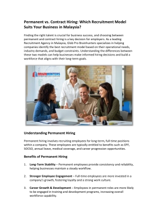 Permanent vs. Contract Hiring Which Recruitment Model Suits Your Business in Malaysia