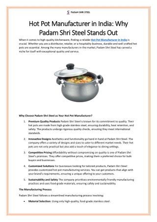 Leading Hot Pot Manufacturer in India – Padam Shri Steel
