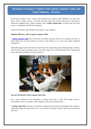 Maximize Workspace Comfort with Laptop Computer Table and Chair Solutions – Newt