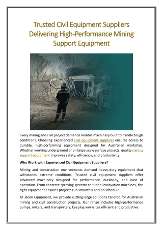 Trusted Civil Equipment Suppliers Delivering High-Performance Mining Support Equipment