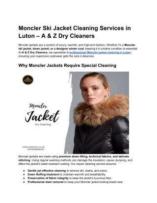 Moncler Ski Jacket Cleaning Services in Luton – A & Z Dry Cleaners