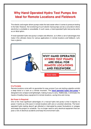 Why Hand Operated Hydro Test Pumps Are Ideal for Remote Locations and Fieldwork