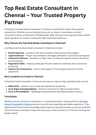 Top Real Estate Consultant in Chennai – Your Trusted Property Partner
