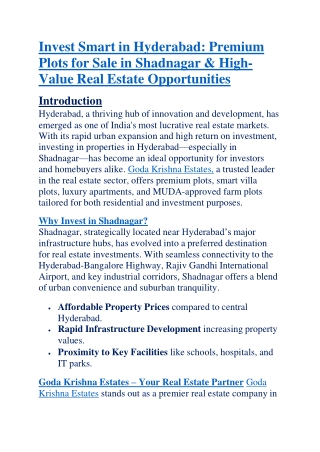 Plots For Sale in Shadnagar|Properties in Hyderabad|