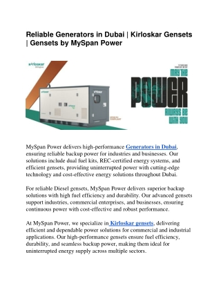 Reliable Generators in Dubai | Kirloskar Gensets | Gensets by MySpan Power