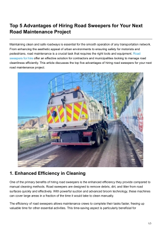 Top 5 Advantages of Hiring Road Sweepers for Your Next Road Maintenance Project