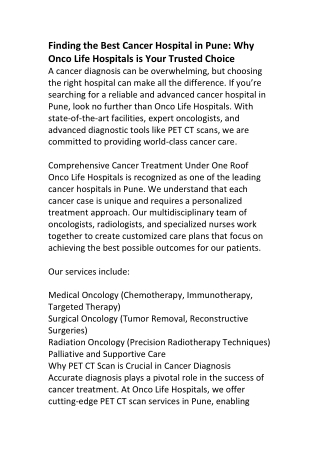 Finding the Best Cancer Hospital in Pune: Why Onco Life Hospitals is Your Truste