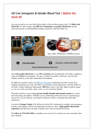 HD Live Sonogram & Gender Blood Test-Before the Stork 4D