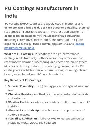 PU Coatings Manufacturers in India