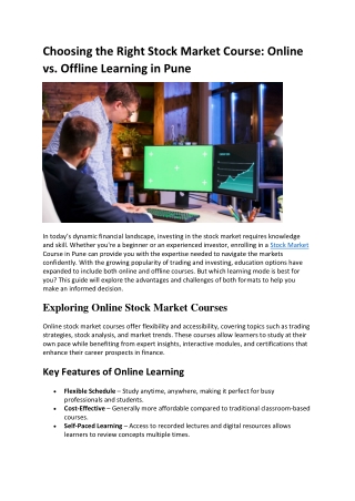Choosing the Right Stock Market Course: Online vs. Offline Learning in Pune