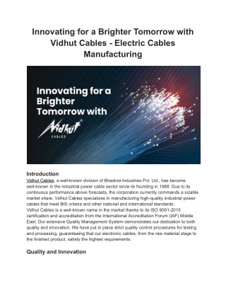 Innovating for a Brighter Tomorrow with Vidhut Cables - Electric Cables Manufacturing