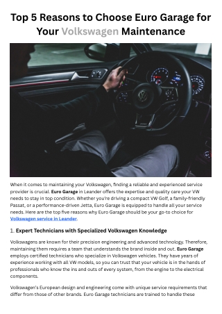 Top 5 Reasons to Choose Euro Garage for Your Volkswagen Maintenance