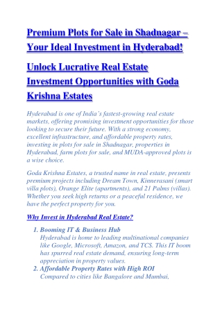 farm plots for sale,Investment in Hyderabad