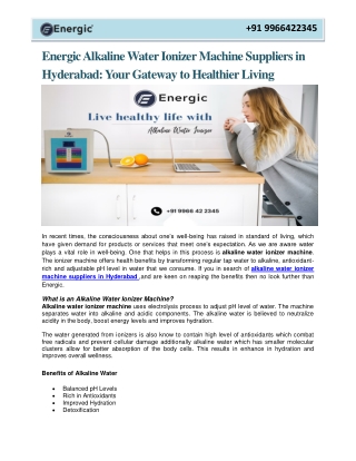 Energic Alkaline Water Ionizer Machine Suppliers in Hyderabad