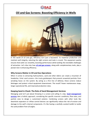 Oil and Gas Screens Boosting Efficiency in Wells