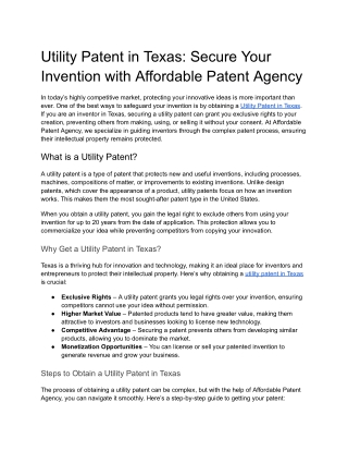Utility Patent in Texas- Secure Your Invention with Affordable Patent Agency