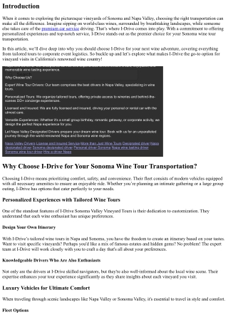 Why Choose I-Drive for Your Sonoma Wine Tour Transportation?