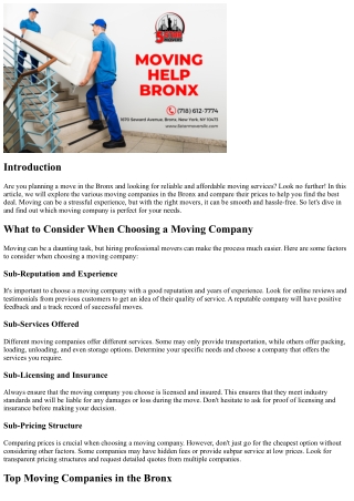 Moving Companies in the Bronx: Comparing Prices for the Best Deal