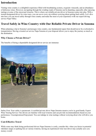 Travel Safely in Wine Country with Our Reliable Private Driver in Sonoma