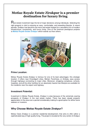 Motiaz Royale Estate Zirakpur is a premier destination for luxury living