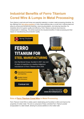 Industrial Benefits of Ferro Titanium Cored Wire & Lumps in Metal Processing