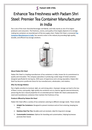 Enhance Tea Freshness with Padam Shri Steel