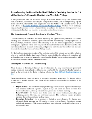 Transforming Smiles with the Best Hi-Tech Dentistry Service in CA at Dr. Kacker's Cosmetic Dentistry in Westlake Village