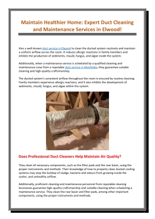 Maintain Healthier Home Expert Duct Cleaning and Maintenance Services in Elwood
