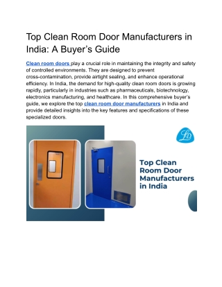 Top Clean Room Door Manufacturers in India: A Buyer’s Guide