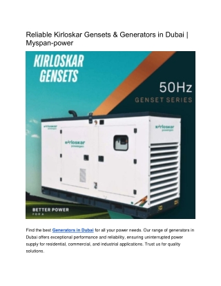 Generators in Dubai | Kirloskar Gensets - Myspanpower