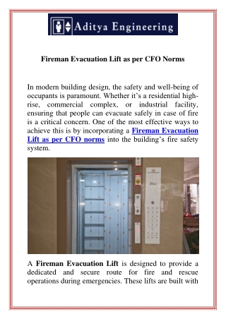 Fireman Evacuation Lift as per CFO Norms