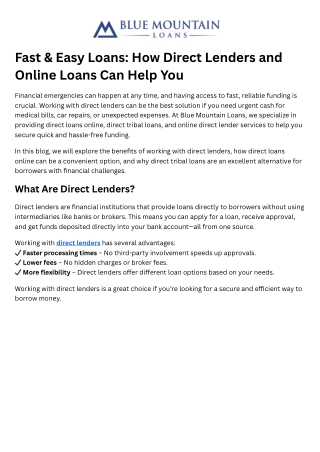 Fast & Easy Loans How Direct Lenders and Online Loans Can Help You