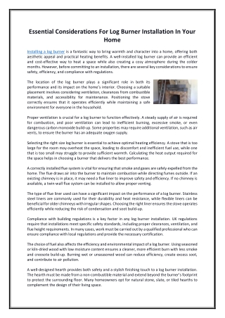 Essential Considerations For Log Burner Installation In Your Home