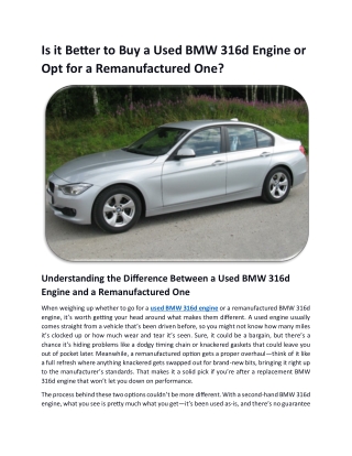 Is it Better to Buy a Used BMW 316d Engine or Opt for a Remanufactured One?