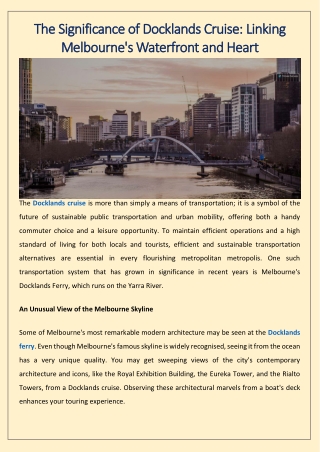 The Significance of Docklands Cruise Linking Melbourne's Waterfront and Heart