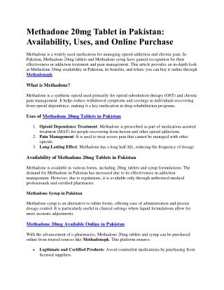 Availability, Online Purchase of Methadone 20mg Tablet