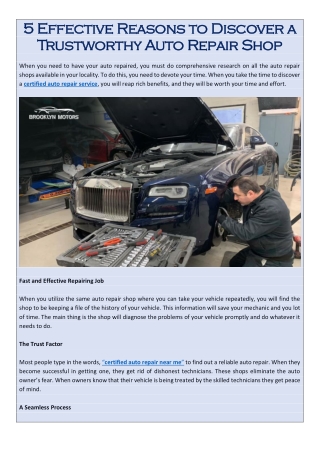 5 Effective Reasons to Discover a Trustworthy Auto Repair Shop