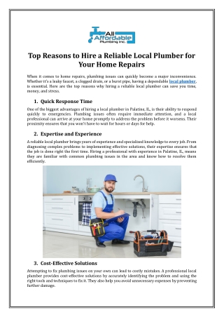 Top Reasons to Hire a Reliable Local Plumber for Your Home Repairs