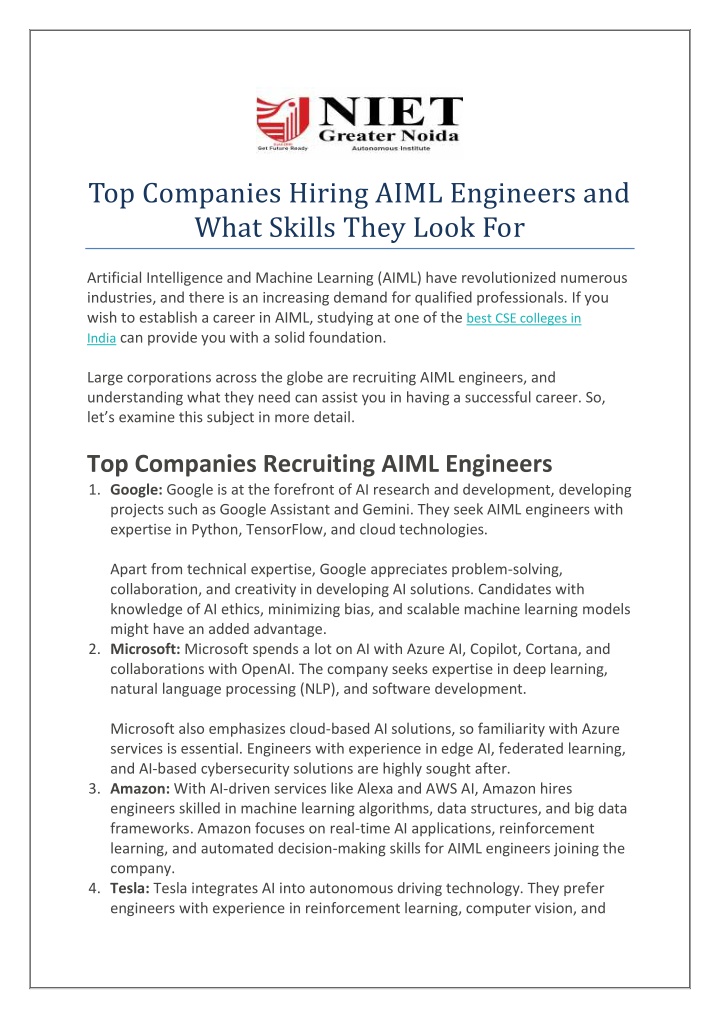 top companies hiring aiml engineers and what