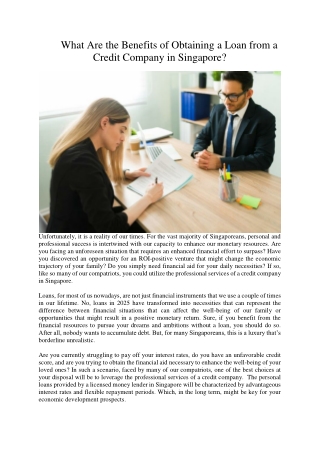 What Are the Benefits of Obtaining a Loan from a Credit Company in Singapore