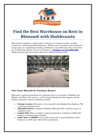 Affordable Warehouse on Rent in Bhiwandi – Shubhvaastu’s Premium Spaces