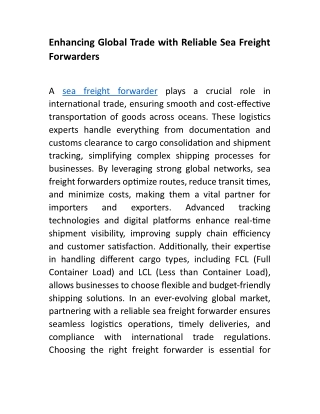 Enhancing Global Trade with Reliable Sea Freight Forwarders