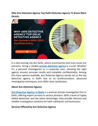 Why Aris Detective Agency Top Delhi Detective Agency To Know More Details