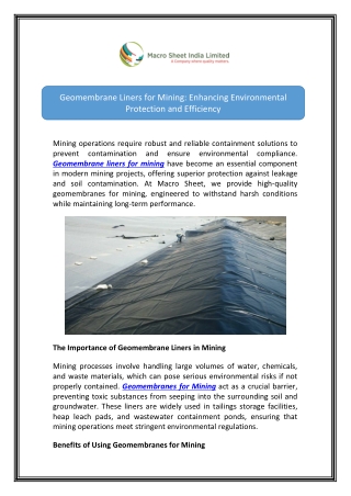 Macro Sheet: Geomembrane Liners for Mining Applications