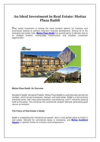 An Ideal Investment in Real Estate, Motiaz Plaza Baddi